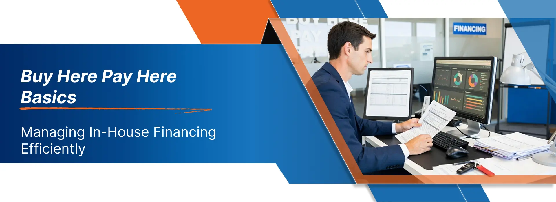 Buy Here Pay Here BHPH financing process at Canadian car dealership with manager reviewing payment contracts and customer dashboard