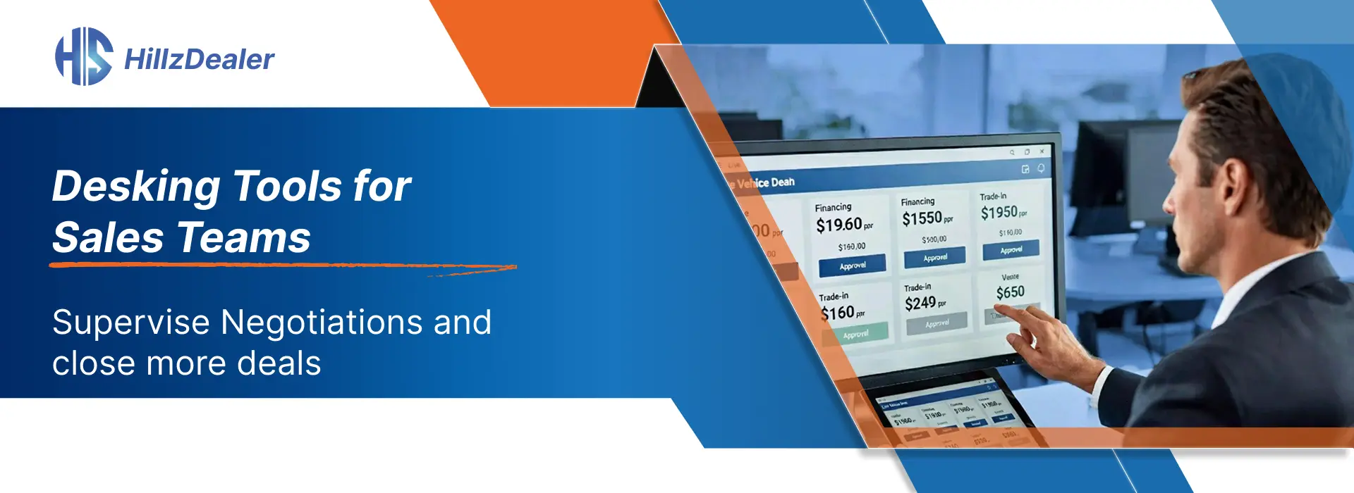 Car dealership sales manager using desking tools on tablet and desktop to supervise live vehicle deal negotiations