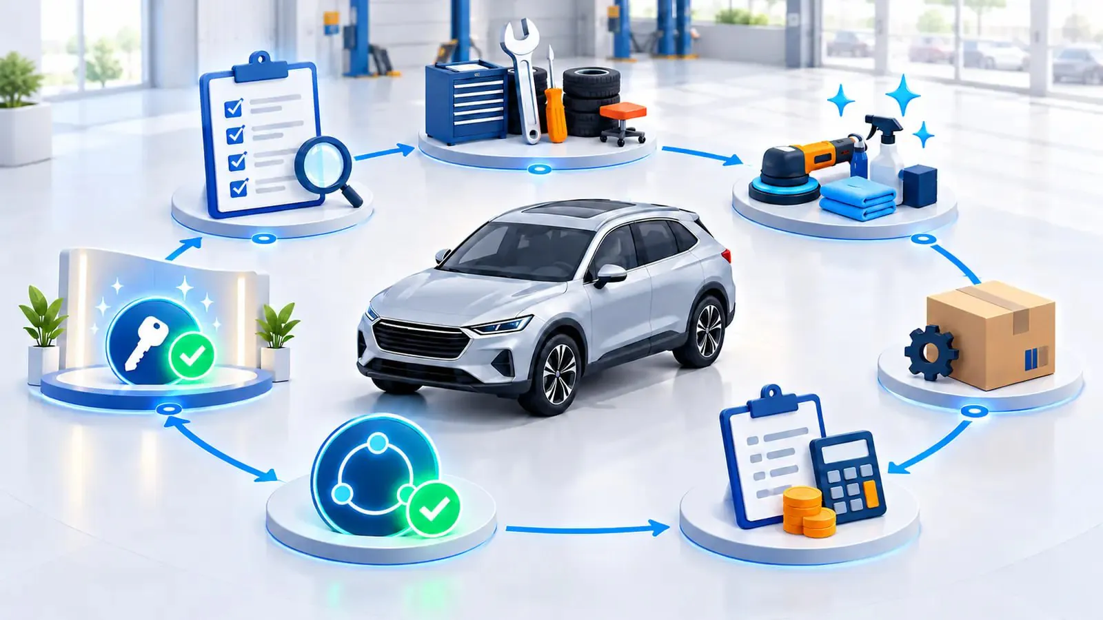 Vehicle reconditioning workflow connecting inspection, repair, detailing, vendors, costs, and sale-ready status around one dealership vehicle