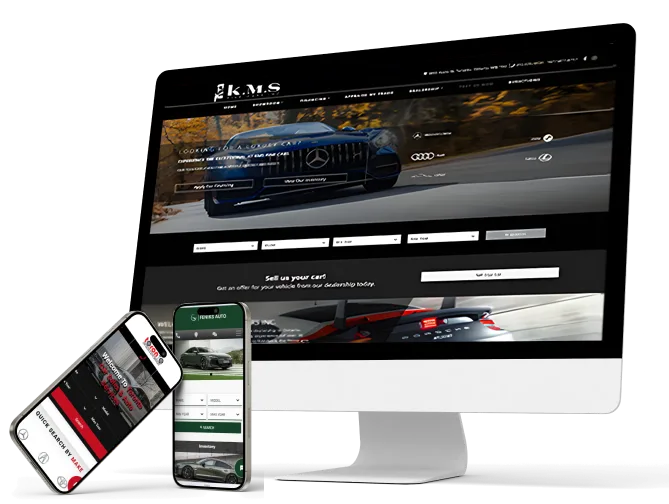 HillzDealer responsive car dealership website shown across desktop and mobile devices