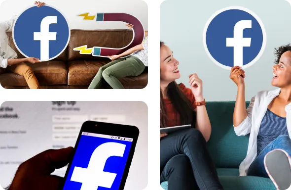People holding up Facebook logo signs and a phone showing the Facebook app