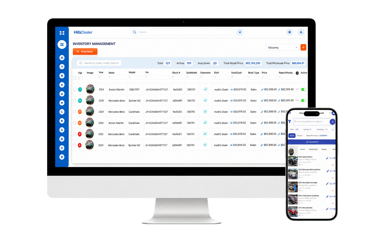 HillzDealer automotive inventory management dashboard for new and used vehicle dealerships
